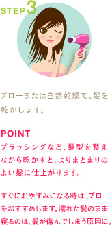 STEP3
ブローまたは自然乾燥で、髪を乾かします。
POINT
ブラッシングなど、髪型を整えながら乾かすと、よりまとまりのよい髪に仕上がります。

すぐにおやすみになる時は、ブローをおすすめします。濡れた髪のまま寝るのは、髪が傷んでしまう原因に。