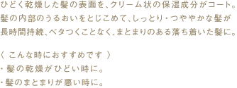 ひどく乾燥した髪の表面を、クリーム状の保湿成分がコート。髪の内部のうるおいをとじこめて、しっとり・つややかな髪が長時間持続、ベタつくことなく、まとまりのある落ち着いた髪に。
〈 こんな時におすすめです 〉
・髪の乾燥がひどい時に。
・髪のまとまりが悪い時に。